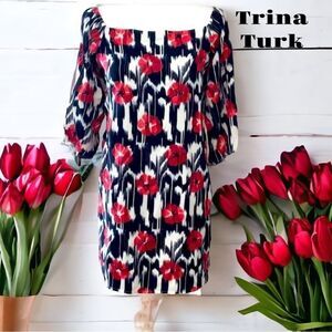 TRINA TURK NWT OFF THE SHOULDER PINK EMBROIDERY FLORAL SHIFT DRESS NAVY BELL SM